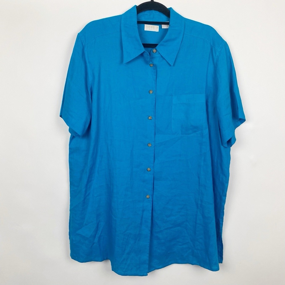 Elisabeth‎ Liz Claiborne 100% Linen Short Sleeve Button Down Shirt Women 16 Blue